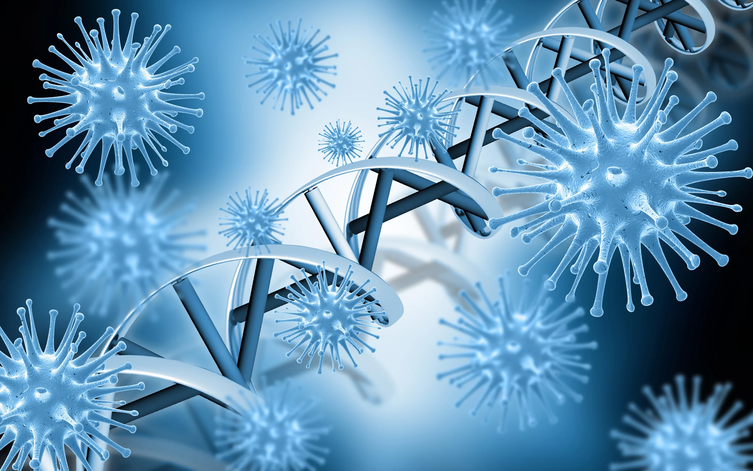 Respiratory and Immunity- A digital, scientific illustration in shades of blue and white featuring multiple spherical virus particles with prominent protein spikes (resembling coronaviruses). These particles are shown floating around a prominent, translucent DNA double helix structure that curves across the frame. The background has a soft, glowing bokeh effect, suggesting a microscopic or laboratory environment.