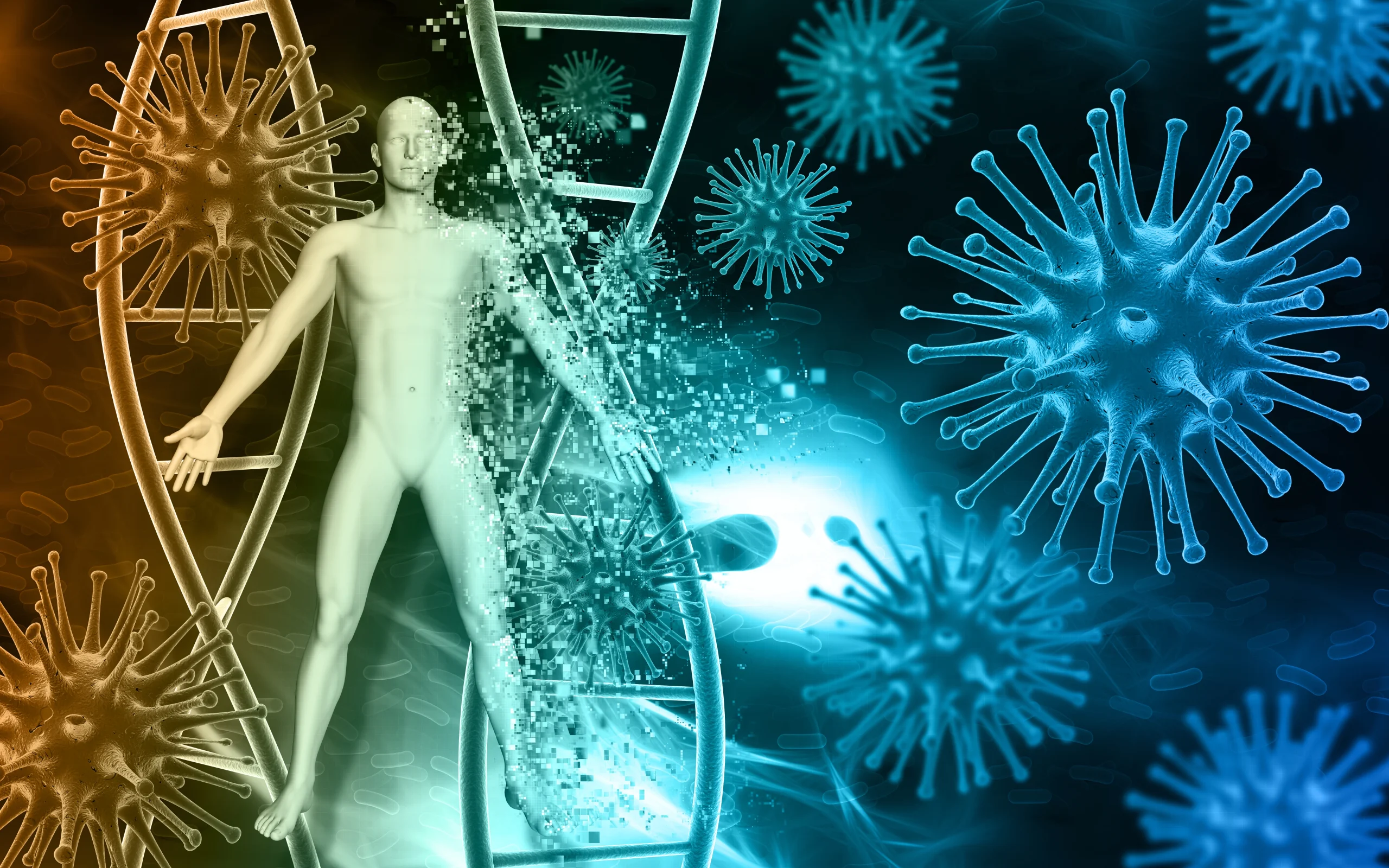 Respiratory and Immunity- Gemini said An abstract digital illustration representing viral infection and biotechnology. It features a translucent human figure dissolving into pixels against a backdrop of glowing DNA double helices. The scene is filled with spiked, spherical virus particles (similar to a coronavirus) and microscopic bacteria. The image is split by a high-contrast color scheme, shifting from warm amber on the left to a cool, electric blue on the right.