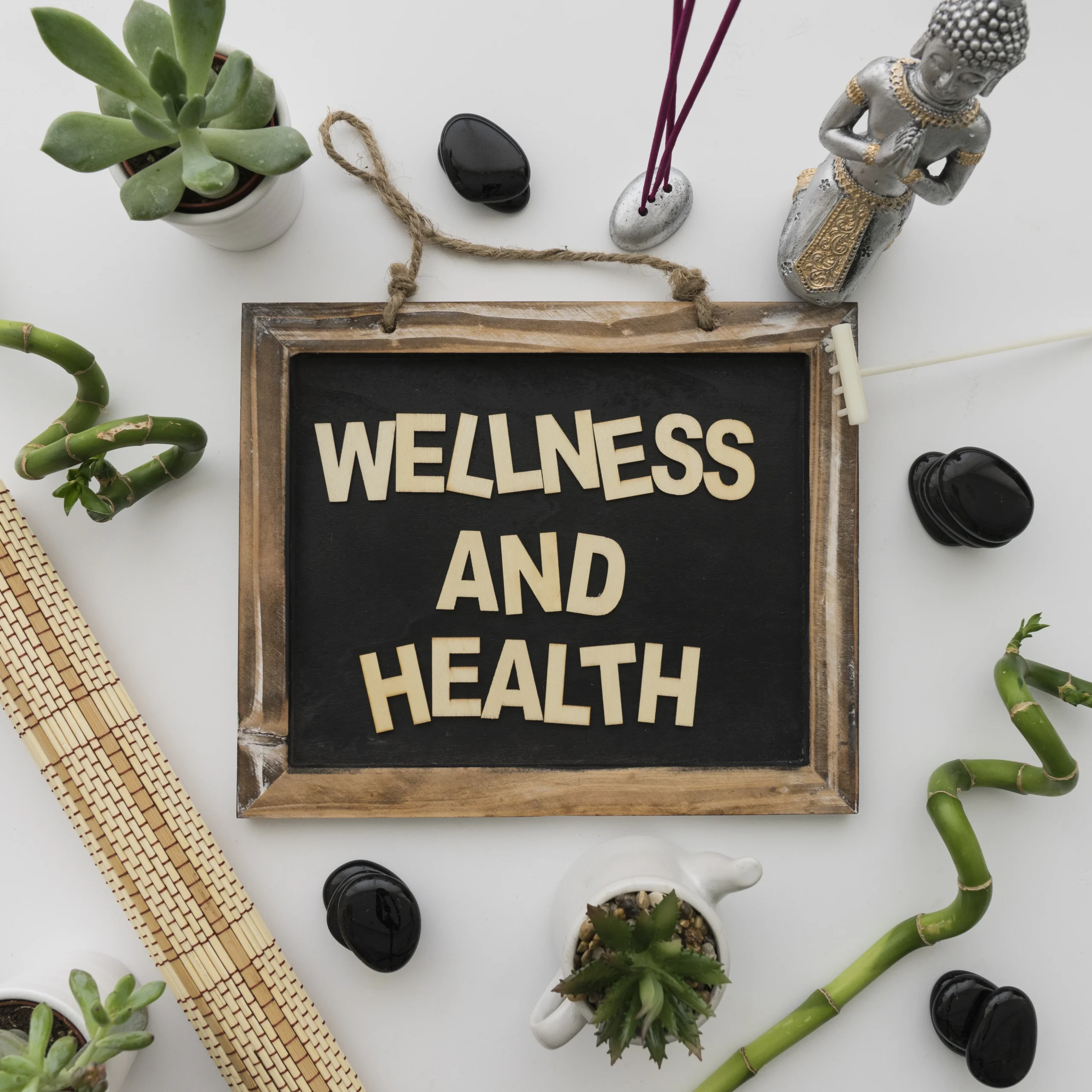 Lifestyle prevention- A flat-lay view of a wooden-framed chalkboard displaying the words "WELLNESS AND HEALTH" in tan block letters. The board is surrounded by zen-themed items on a white surface, including: Greenery: Potted succulents and stalks of lucky bamboo. Decor: A small silver Buddha statue and smooth black river stones. Accents: A bamboo mat, incense sticks, and a small white teapot.
