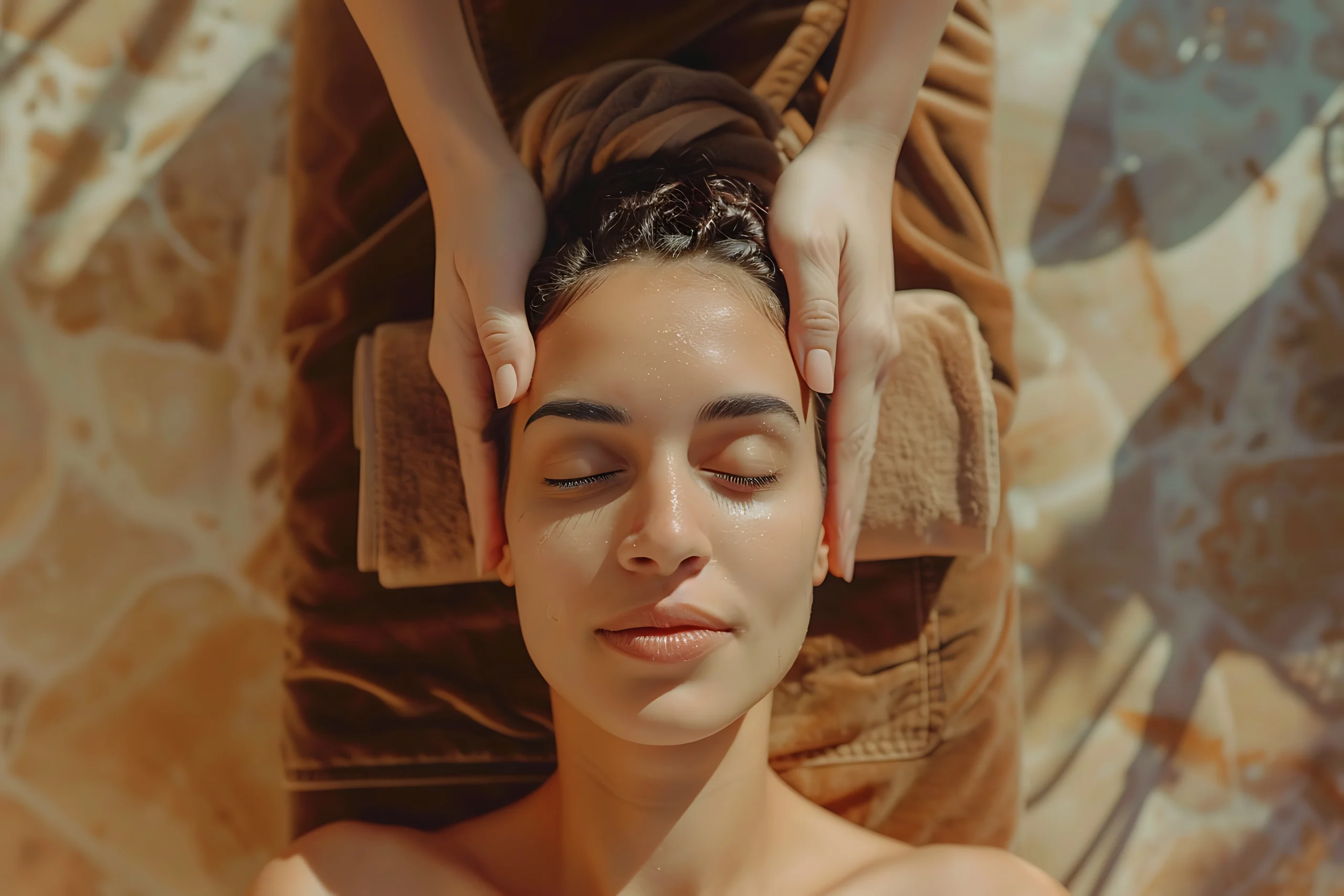Abhyanga- A top-down view of a woman with her eyes closed, receiving a relaxing head and temple massage