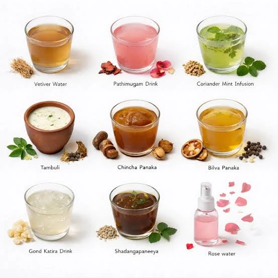 Ayurvedic Summer Treatments featuring cooling herbal drinks like vetiver water, coriander mint infusion, rose water, tambuli, and traditional Ayurvedic beverages for natural summer wellness and hydration.