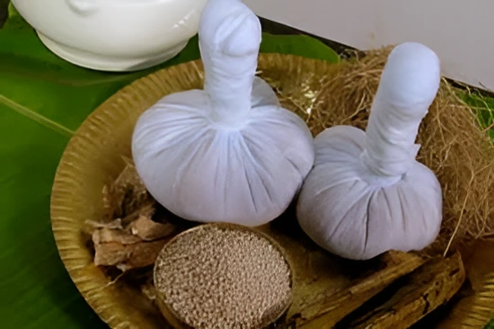 Ayurvedic herbal poultices prepared for arthritis therapy, placed on a traditional plate with medicinal herbs and grains, used for pain relief, joint stiffness, and inflammation management.