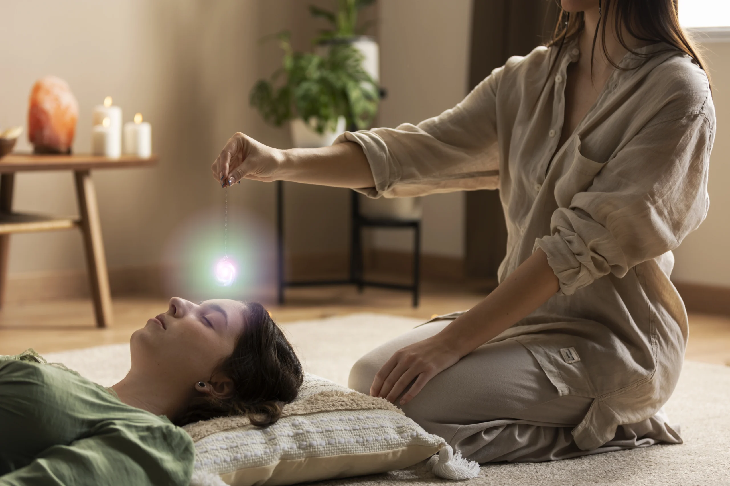 What is Reiki? A Reiki healing session in a calm, softly lit room where a practitioner kneels beside a woman lying on a cushion with eyes closed, gently holding a pendant above her forehead as part of an energy healing practice associated with Reiki. Candles, a plant, and warm tones create a peaceful, meditative atmosphere.
