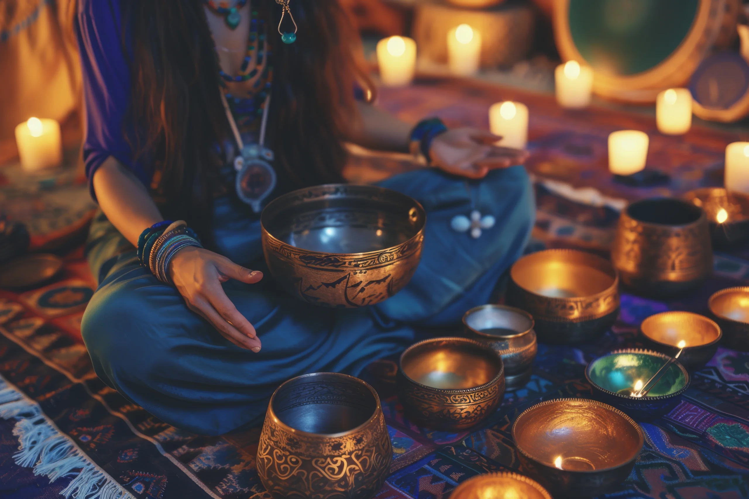 Person seated in a peaceful candlelit space surrounded by singing bowls during a sound bath session, creating a calming atmosphere for deep relaxation, meditation, and energy healing.